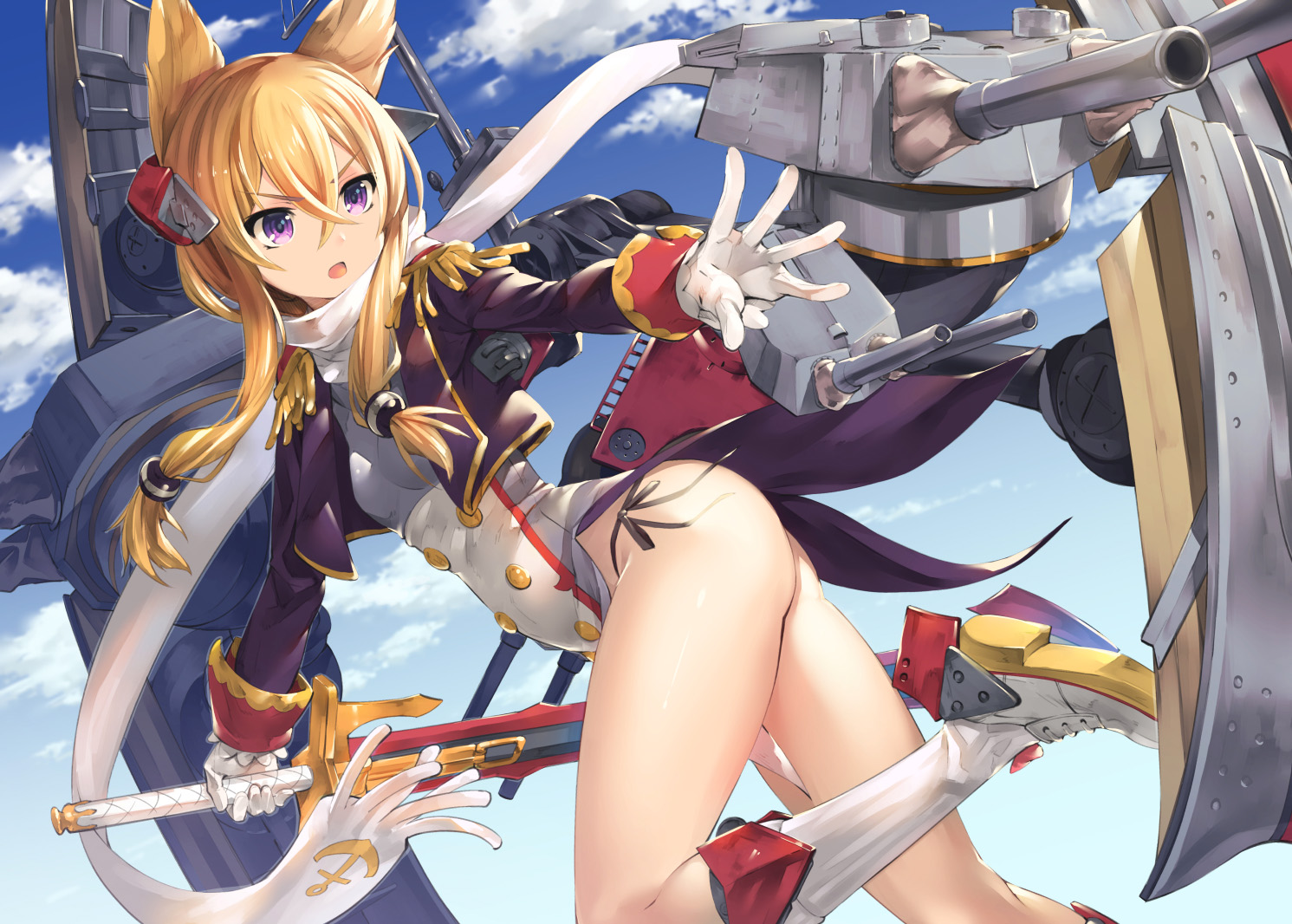 akanagi_youto, animal_ears, anthropomorphism, ass, azur_lane, blonde_hair, clouds, gloves, jpeg_artifacts, kneehighs, long_hair, purple_eyes, scarf, sky, sword, twintails, warspite_(azur_lane), weapon