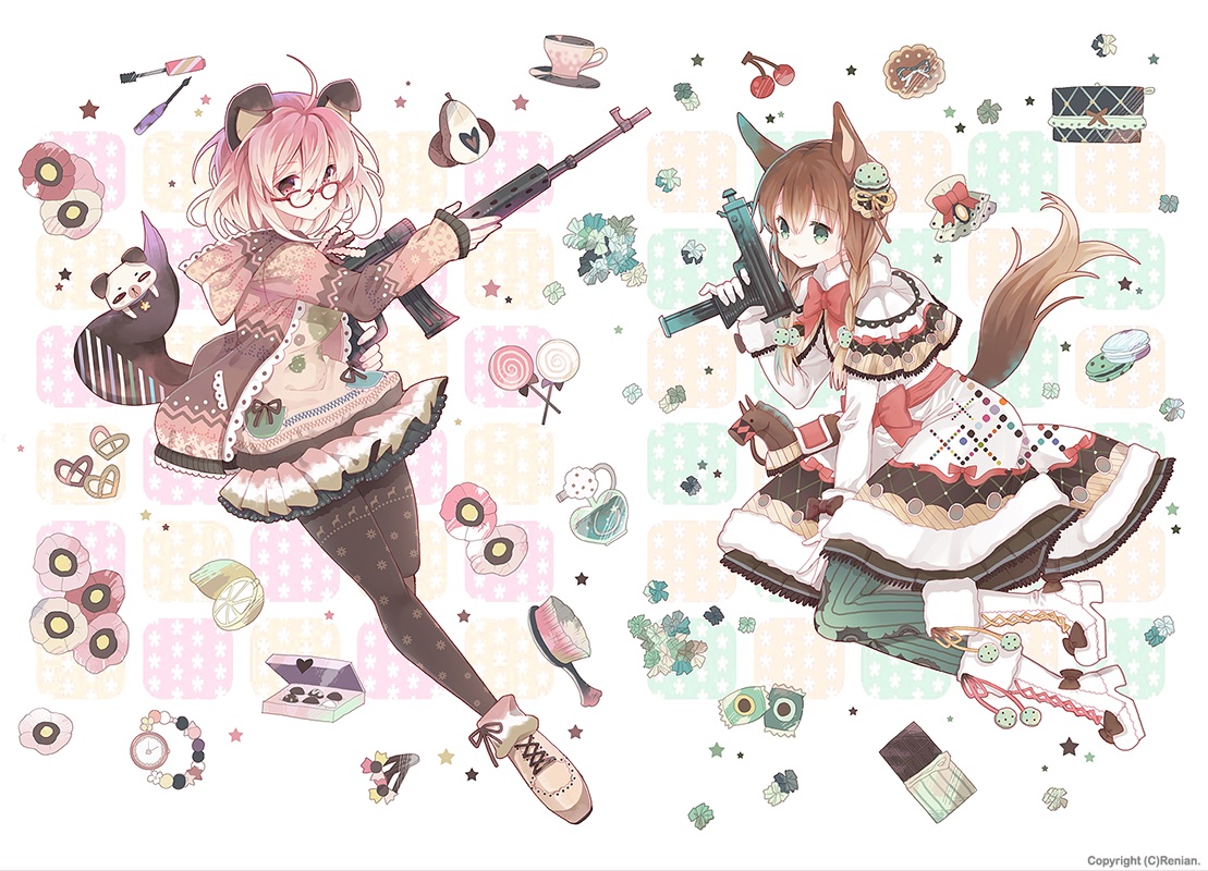 2girls, animal, animal_ears, boots, bow, braids, brown_eyes, brown_hair