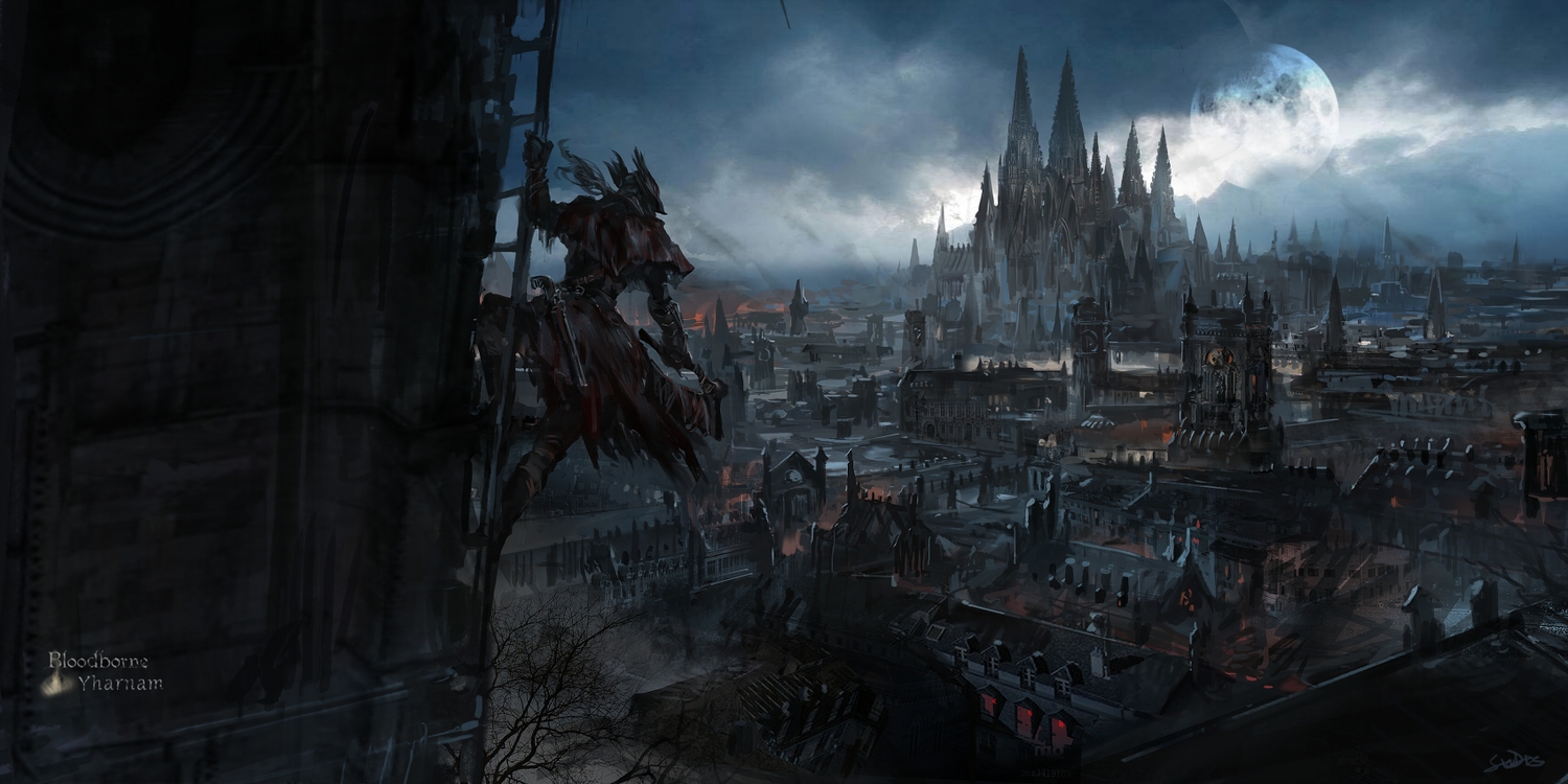 bloodborne, building, city, clouds, gun, hat, long_hair, moon