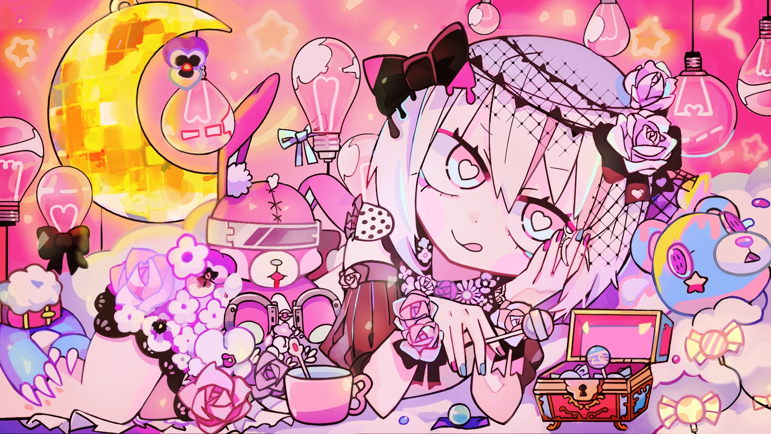 bow, bunny, candy, dress, flowers, headdress, lollipop, original