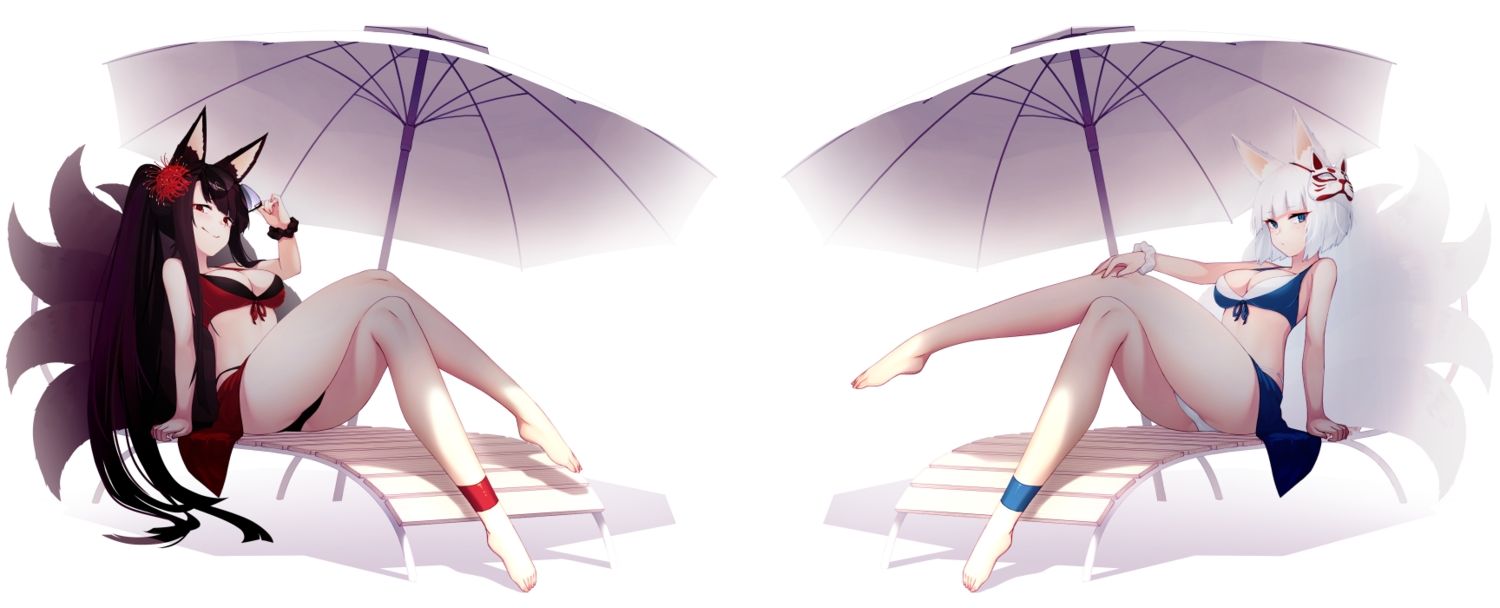 2girls, akagi_(azur_lane), animal_ears, anthropomorphism, azur_lane, barefoot, black_hair, blue_eyes