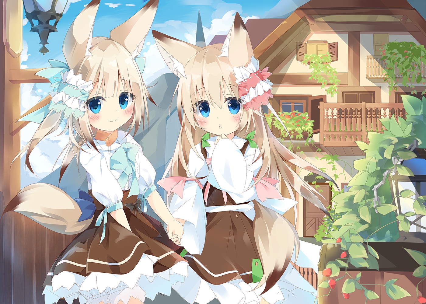 2girls, animal_ears, blonde_hair, blue_eyes, building, foxgirl, kushida_you, loli, long_hair, original, tail