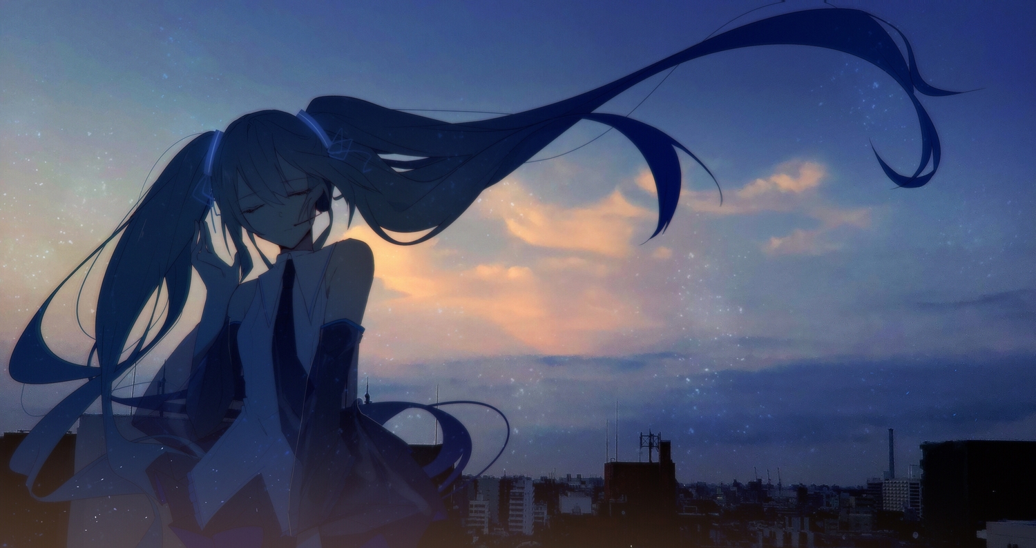azure_silan, hatsune_miku, long_hair, night, twintails, vocaloid