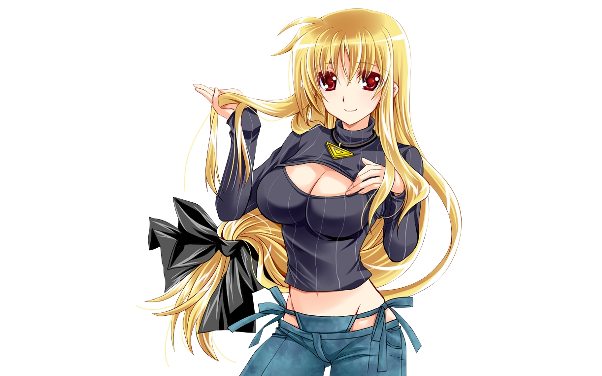 blonde_hair, breasts, cleavage, fate_testarossa, kanna_(artist), long_hair, mahou_shoujo_lyrical_nanoha, red_eyes