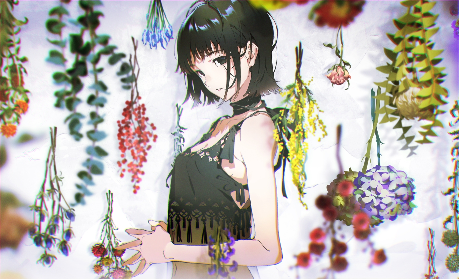 black_eyes, black_hair, breasts, cleavage, dress, flowers, leaves, no_bra, original, short_hair, summer_dress, yoneyama_mai
