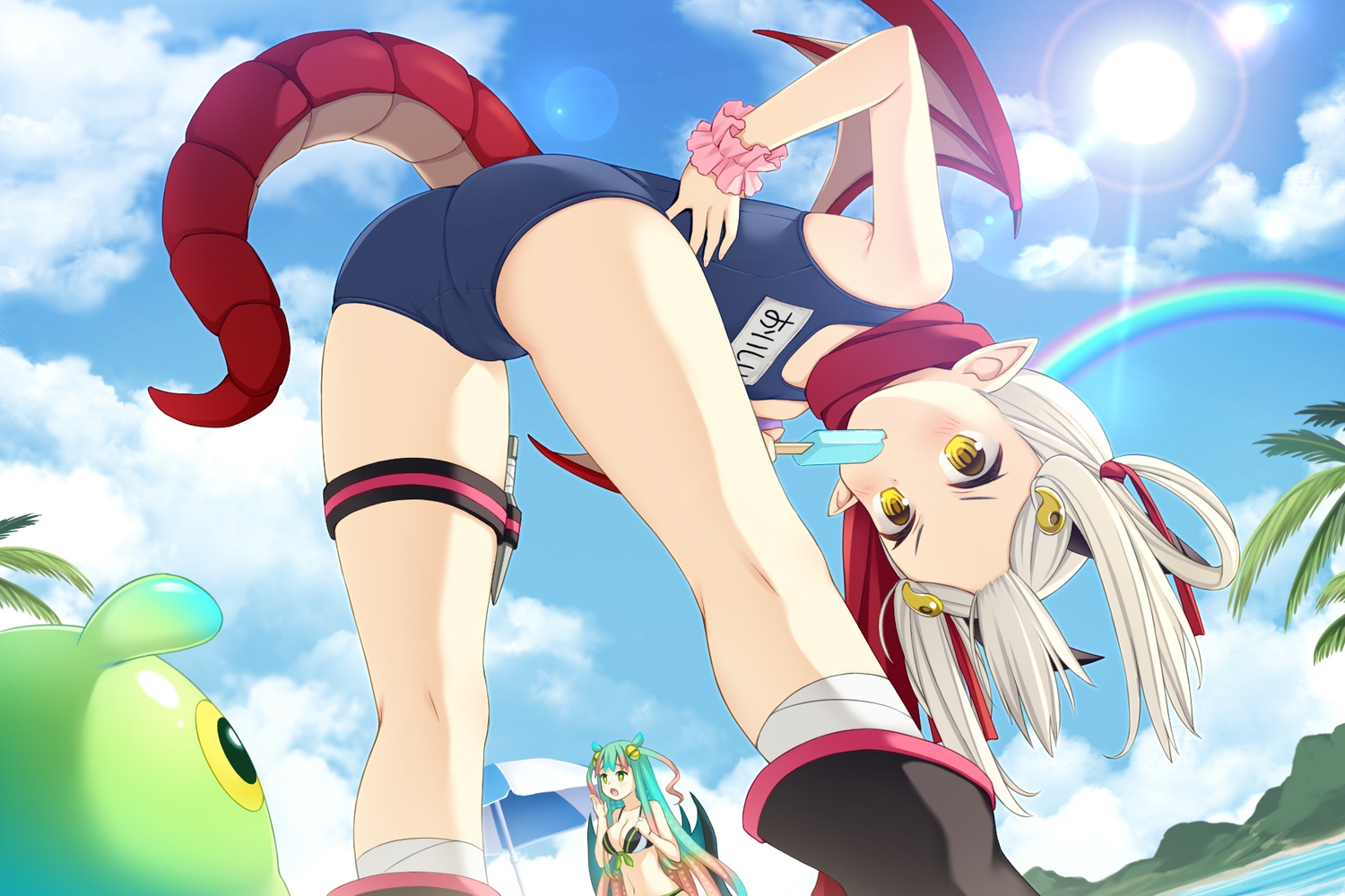 2girls, ass, blush, clouds, dragon, flat_chest, garter, kinako_(monmusu_harem), knife, loli, monmusu_harem, namaru_(summer_dandy), pointed_ears, popsicle, rainbow, school_swimsuit, sky, swimsuit, tail, white_hair, wings, wristwear, yellow_eyes