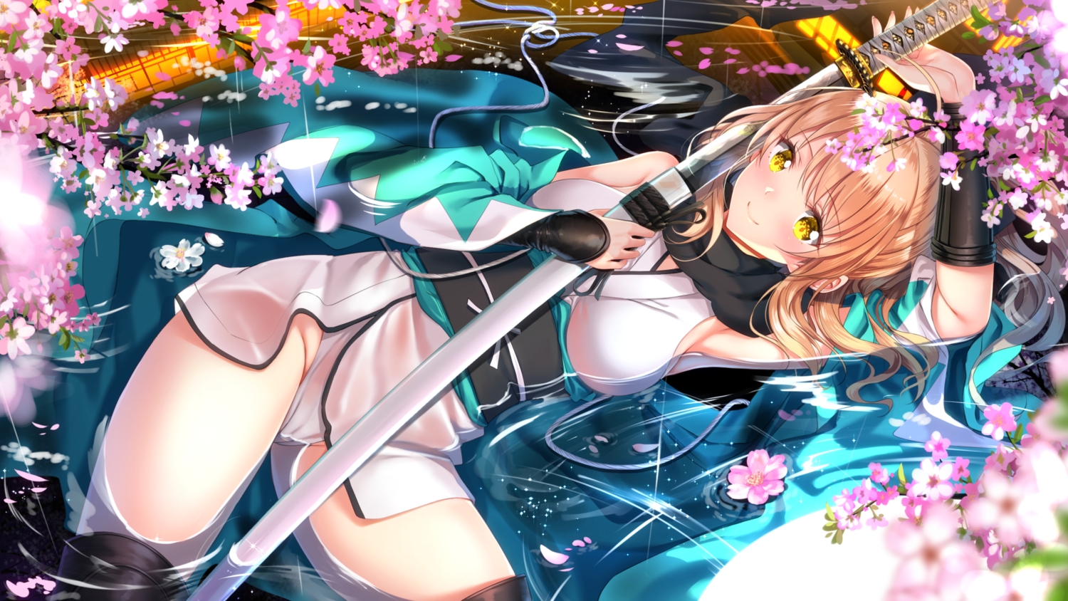 blonde_hair, breasts, cherry_blossoms, fate/grand_order, fate_(series), flowers, okita_souji_(fate), petals