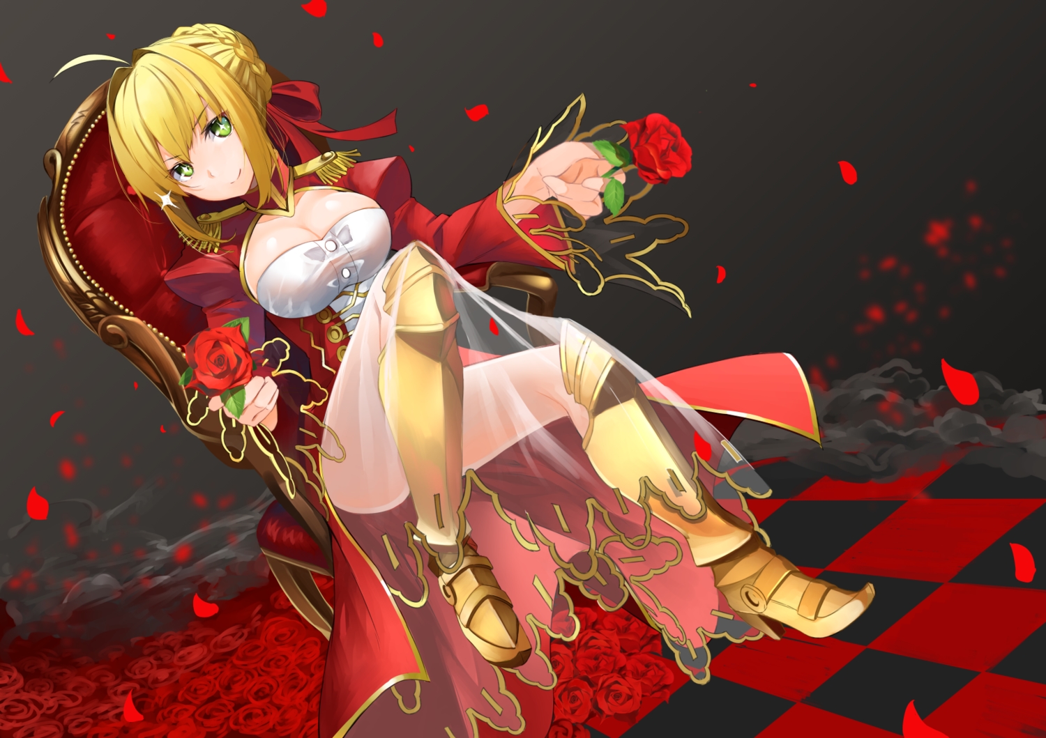 armor, blonde_hair, braids, breasts, cleavage, fate/grand_order, fate_(series), flowers, gradient, green_eyes, hitotose_hirune, nero_claudius_(fate), rose, see_through, short_hair