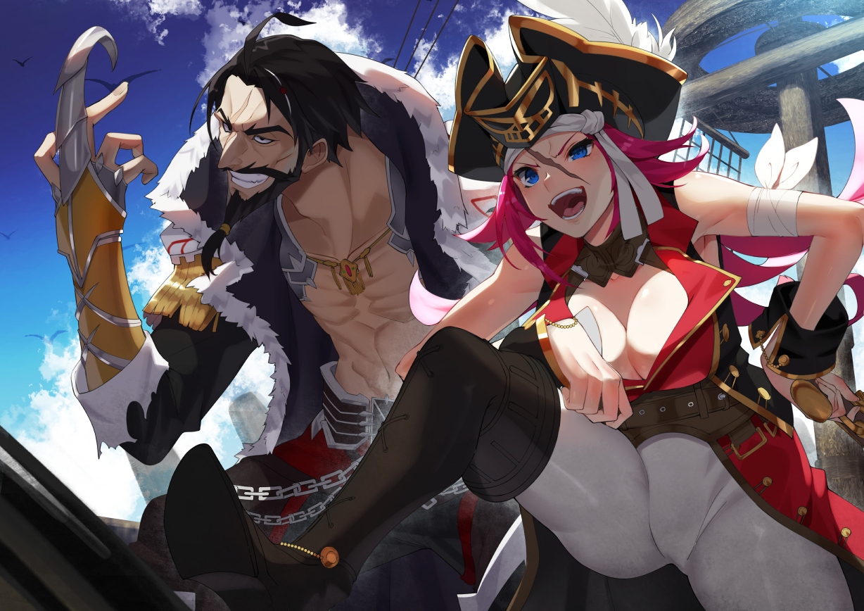 bandage, black_hair, blue_eyes, boots, edward_teach_(fate), fate/grand_order, fate_(series), francis_drake_(fate), gun, hat, male, pink_hair, pirate, scar, scottie_(phantom2), short_hair, weapon, wristwear