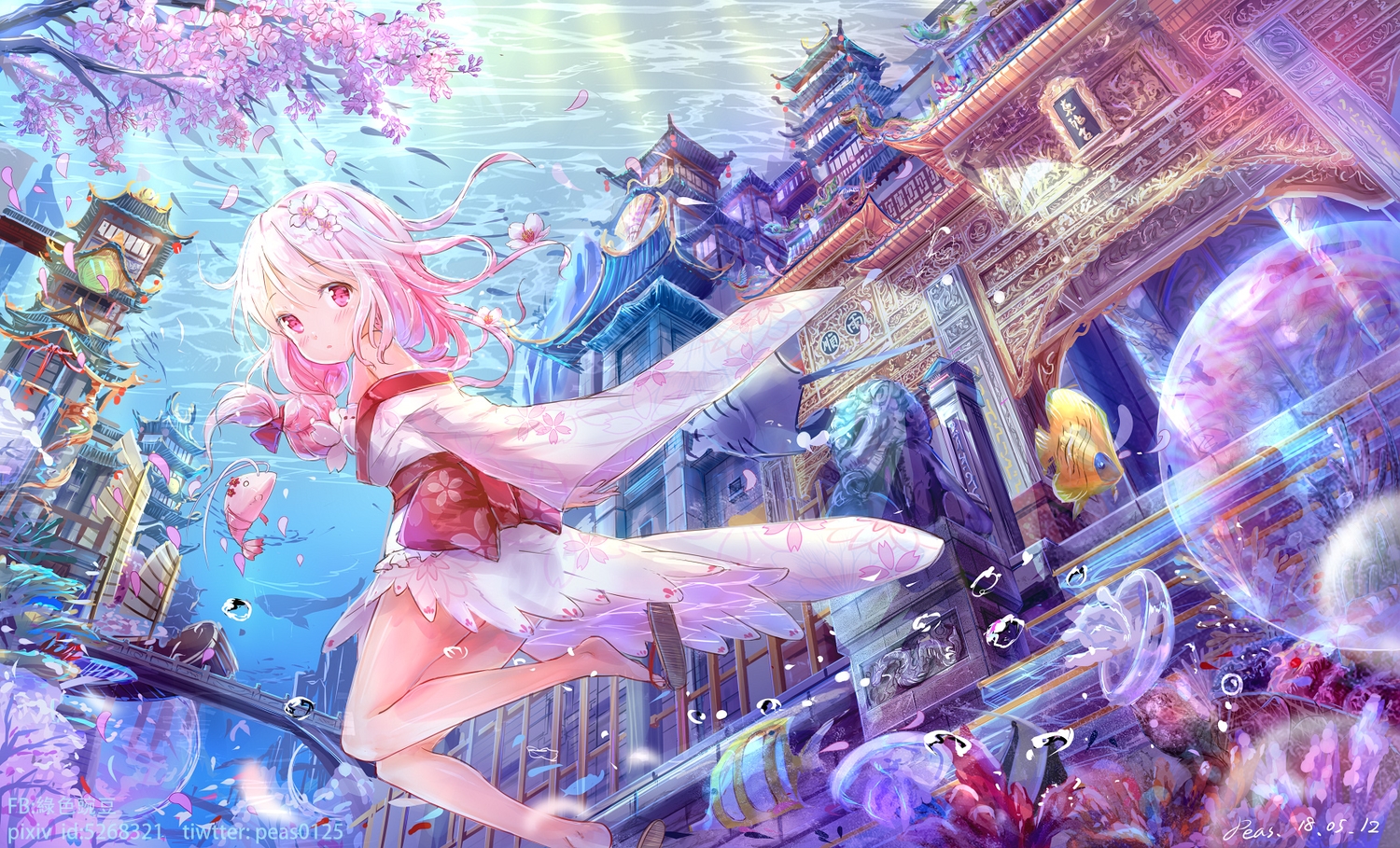 animal, anthropomorphism, barefoot, blush, bow, bubbles, building, cherry_blossoms, fish, flowers, japanese_clothes, kimono, loli, long_hair, peas, pink_eyes, pink_hair, sergestid_shrimp_in_tungkang, tree, underwater, water, watermark, xuan_ying