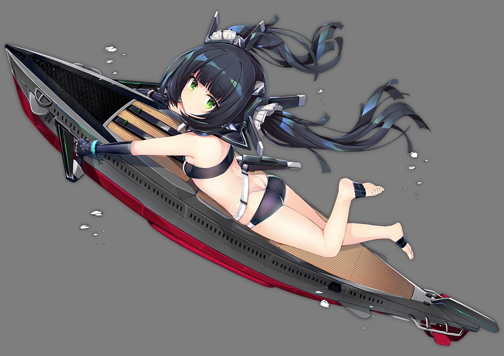 aixioo, anthropomorphism, azur_lane, barefoot, bikini, black_hair, bubbles, elbow_gloves, gloves, green_eyes, i-58_(azur_lane), loli, long_hair, swimsuit, transparent, twintails, underwater, water