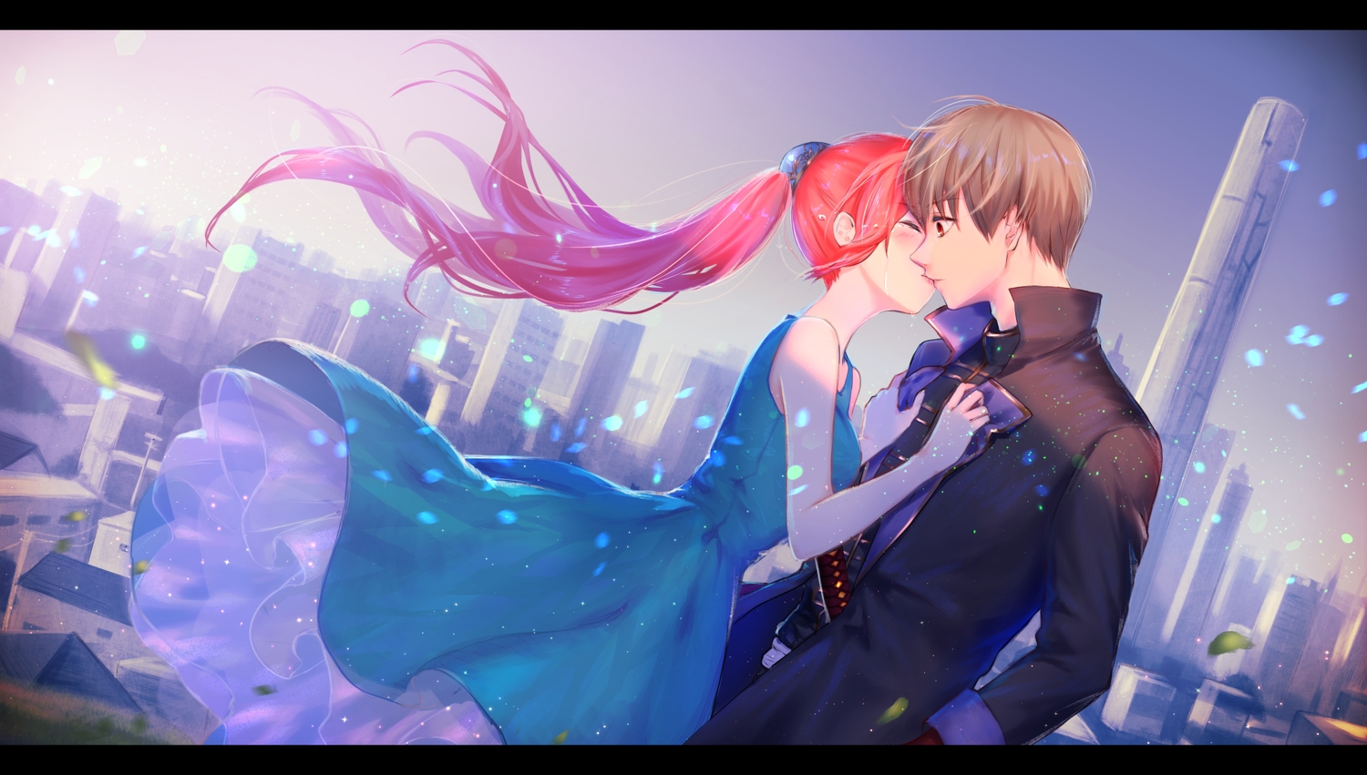 brown_hair, building, city, dress, gintama, kagura_(gintama), katana, kiss, long_hair, male, okita_sougo, ponytail, red_eyes, red_hair, short_hair, sword, uniform, weapon, yama_wasabi