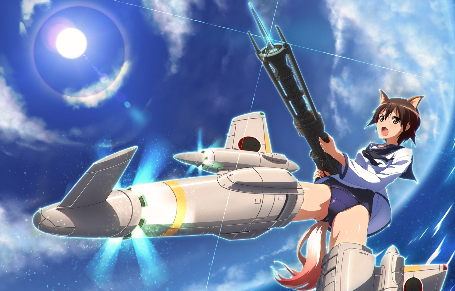 animal_ears, brown_hair, miyafuji_yoshika, m-ya, short_hair, strike_witches, tail, weapon