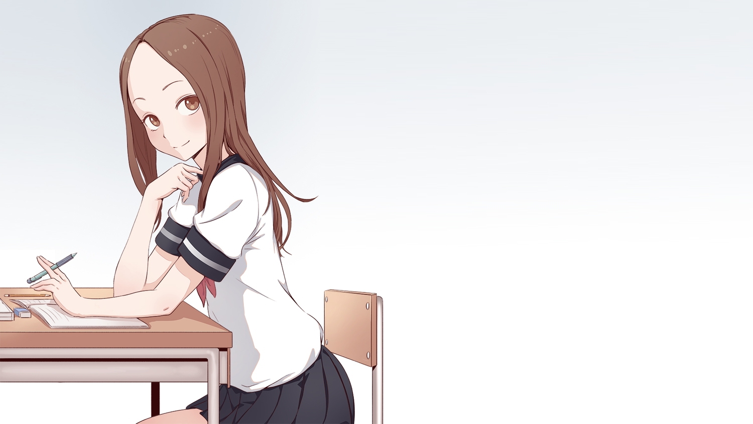 brown_eyes, brown_hair, cheshirrr, gradient, karakai_jouzu_no_takagi-san, long_hair, school_uniform, takagi-san