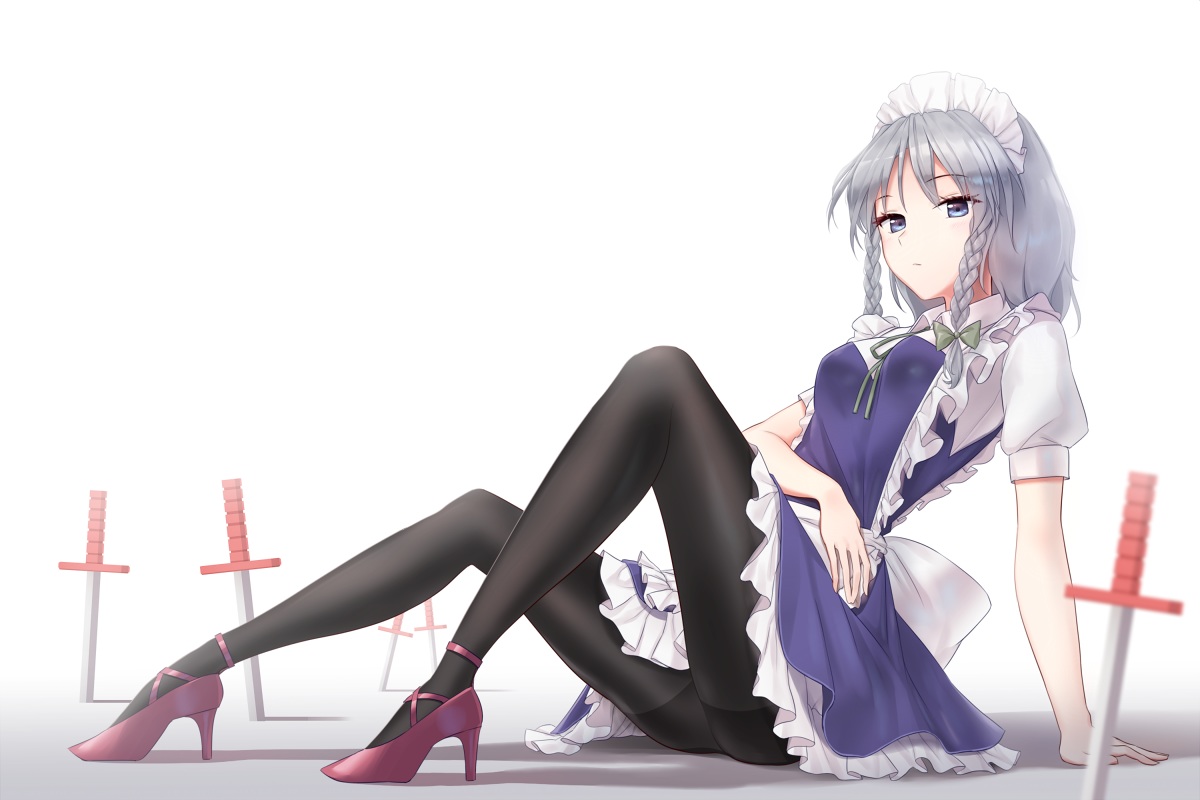 braids, dress, gray_eyes, gray_hair, headdress, izayoi_sakuya, knife, maid