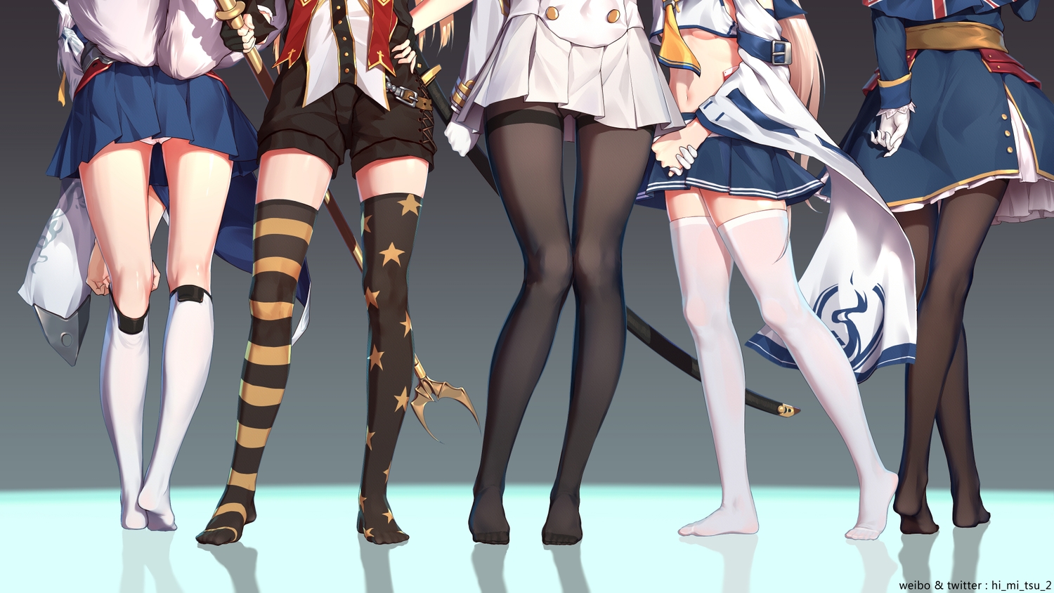 animal_ears, anthropomorphism, ayanami_(azur_lane), azur_lane, breasts, cleveland_(azur_lane), foxgirl, gloves, himitsu_(hi_mi_tsu_2), hood_(azur_lane), kaga_(azur_lane), kneehighs, multiple_tails, no_bra, panties, pantyhose, reflection, shorts, skirt, sword, tail, takao_(azur_lane), thighhighs, underboob, underwear, uniform, watermark, weapon, zettai_ryouiki