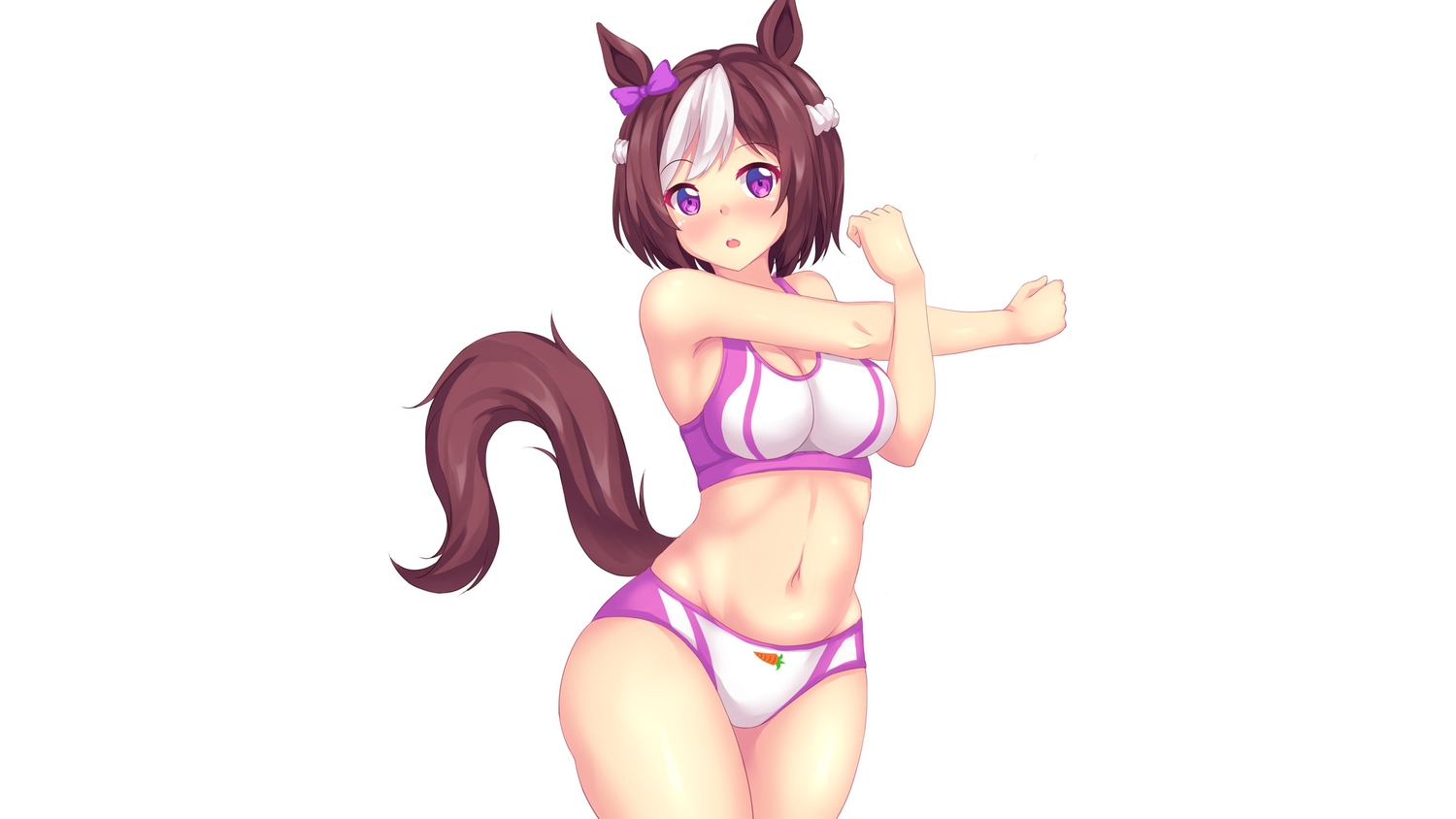 animal_ears, anthropomorphism, bow, breasts, brown_hair, cleavage, fast-runner-2024, navel, purple_eyes, short_hair, special_week_(umamusume), tail, uma_musume:_pretty_derby, white