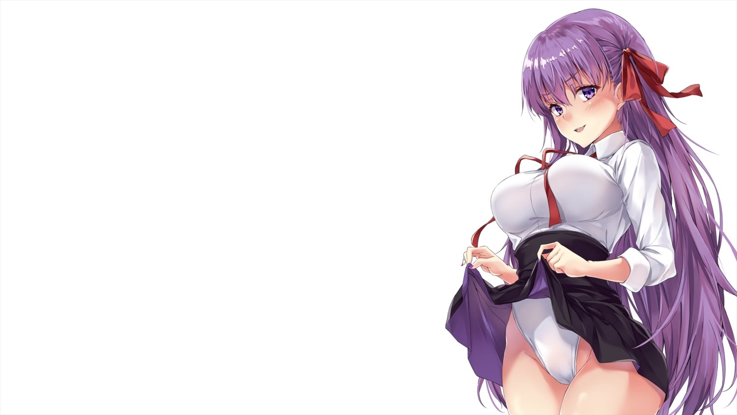 bb_(fate), breasts, cameltoe, fate/grand_order, fate_(series), long_hair, marisasu_(marisa0904), purple_eyes, purple_hair, ribbons, skirt, skirt_lift, swimsuit, white