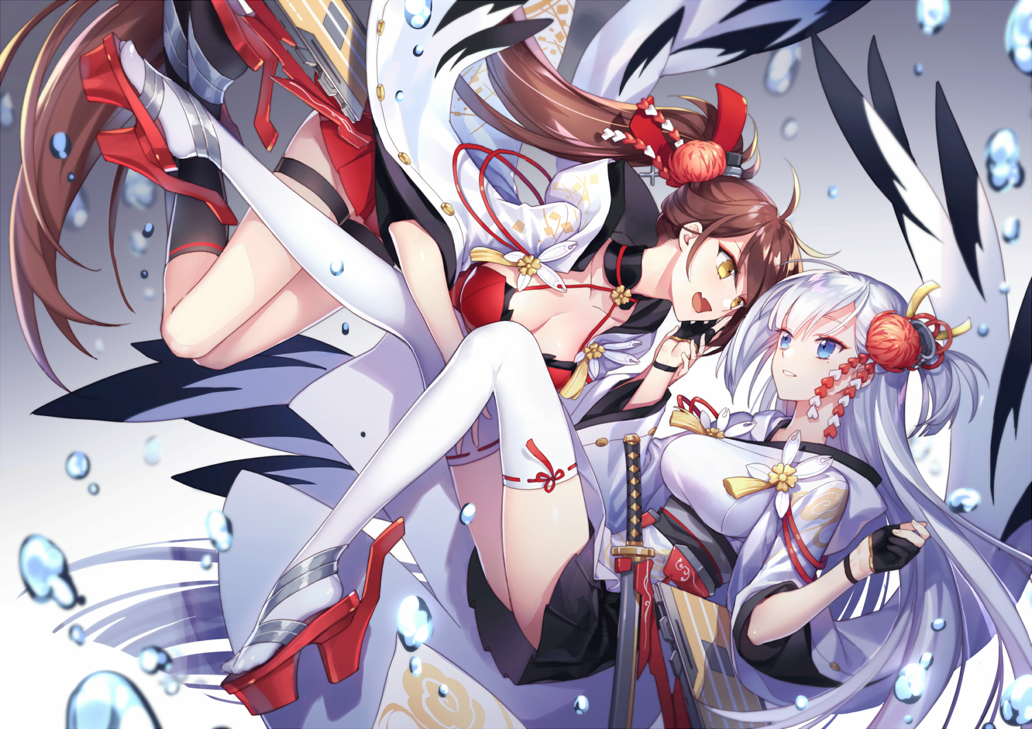 2girls, anthropomorphism, aqua_eyes, azur_lane, breasts, brown_hair, cleavage, fang