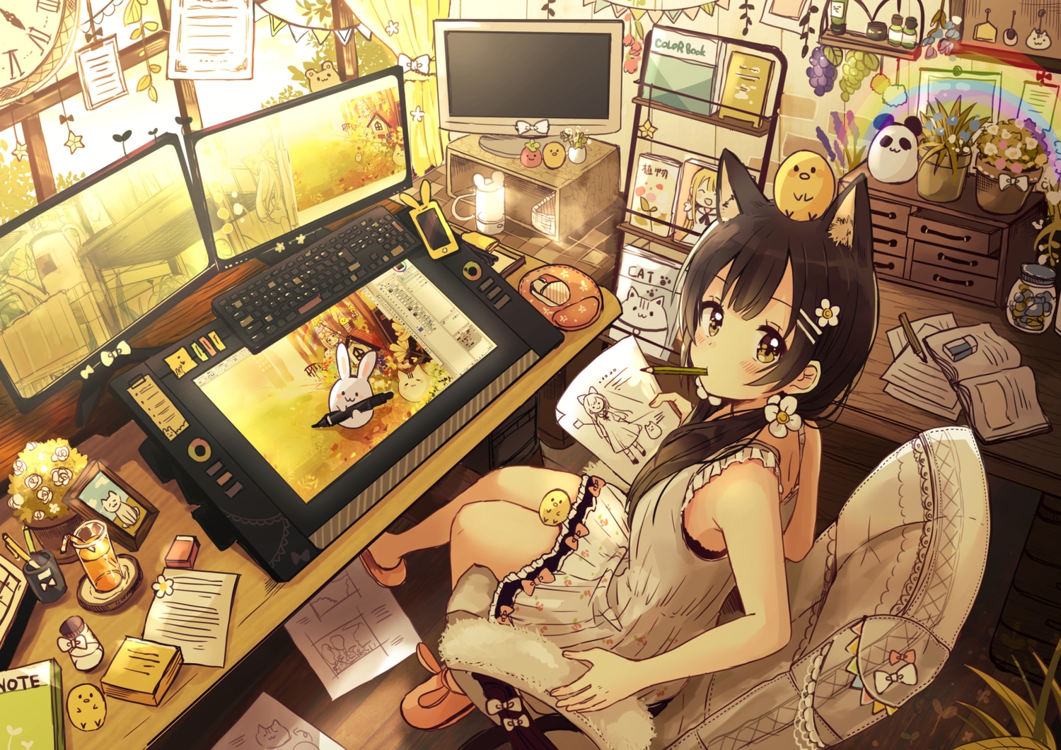 animal, animal_ears, bird, black_hair, brown_eyes, catgirl, computer, dress, drink, flowers, long_hair, original, paper, phone, sakura_oriko, summer_dress, tail, twintails