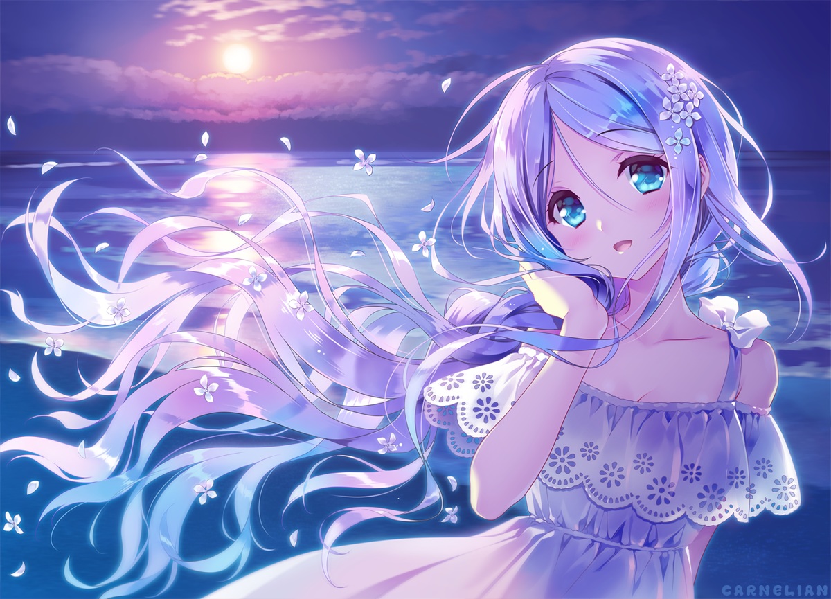 anthropomorphism, aqua_eyes, blush, bow, carnelian, clouds, dress, gray_hair