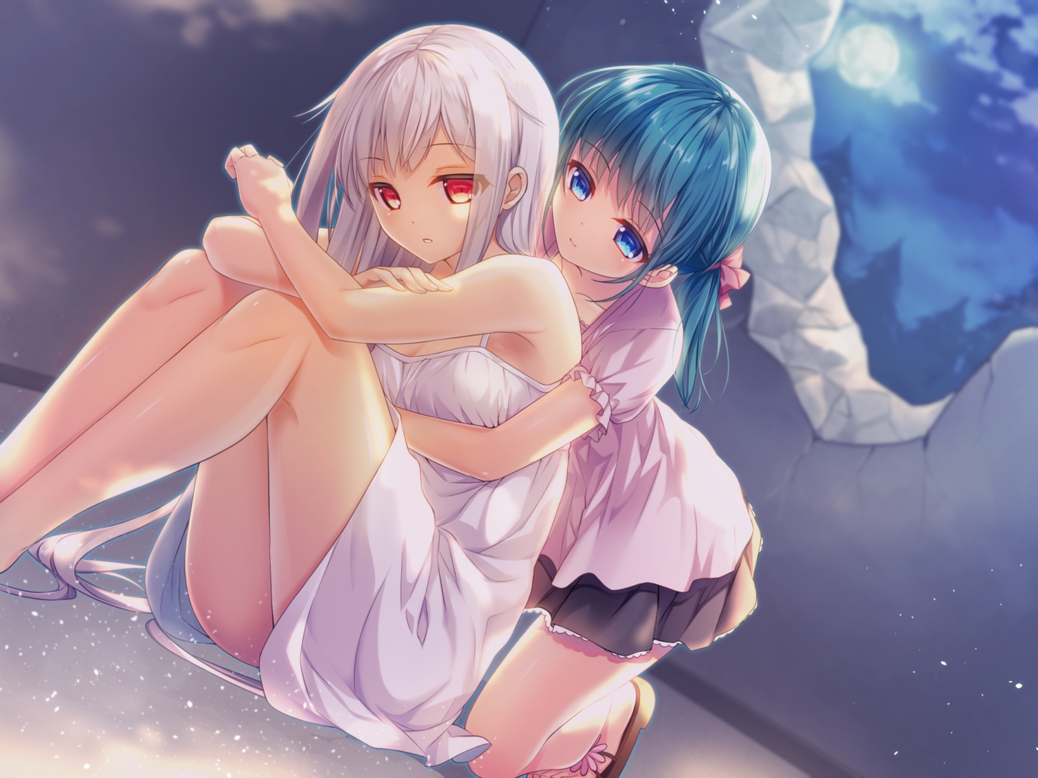 2girls, blue_eyes, dress, green_hair, hug, long_hair, nametakenoko, original