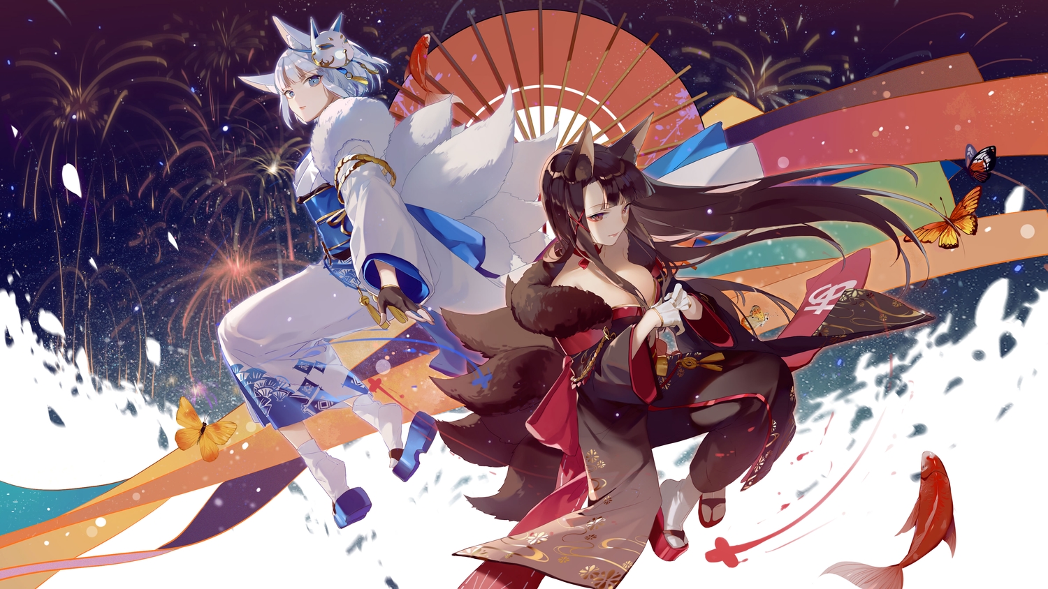 2girls, akagi_(azur_lane), animal, animal_ears, anthropomorphism, azur_lane, blue_eyes, brown_eyes, brown_hair, butterfly, fireworks, fish, foxgirl, gloves, japanese_clothes, kaga_(azur_lane), kimono, long_hair, mask, multiple_tails, short_hair, socks, tail, white_hair, zhibuji_loom