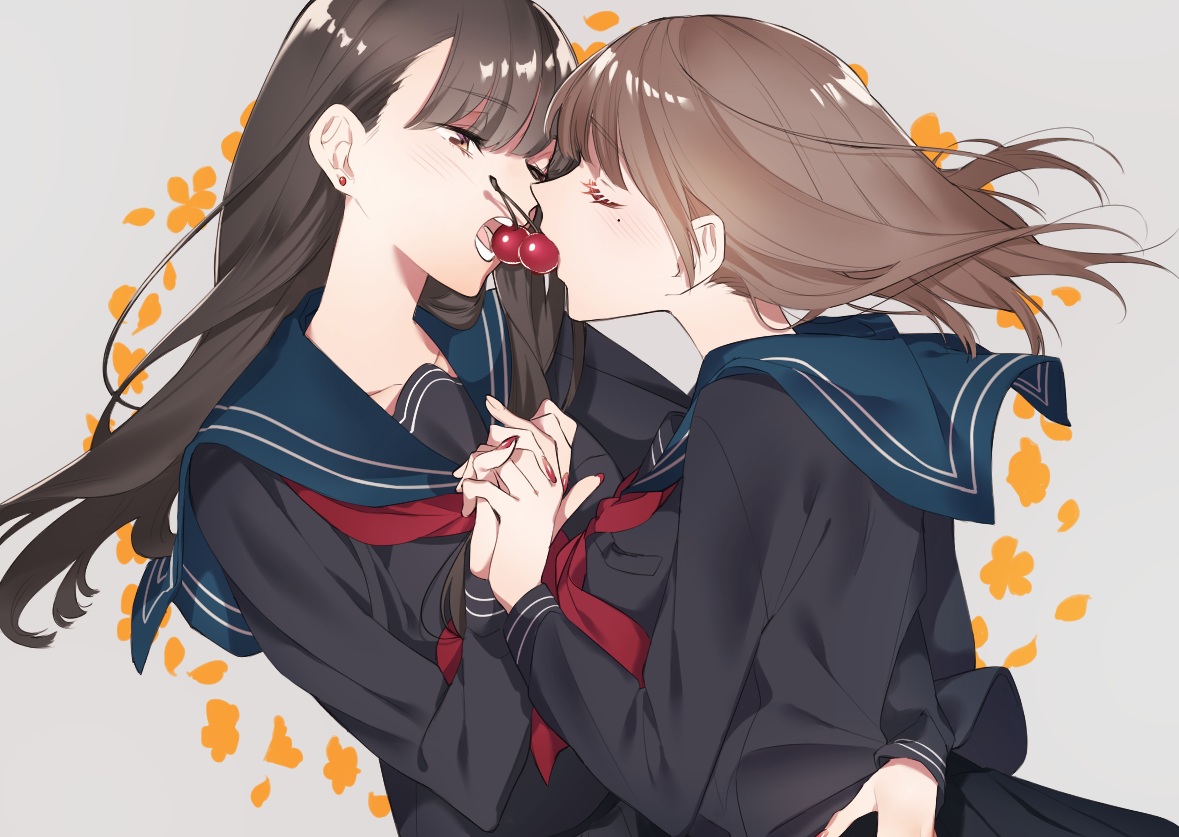 2girls, brown_eyes, brown_hair, cherry, food, fruit, hug, long_hair
