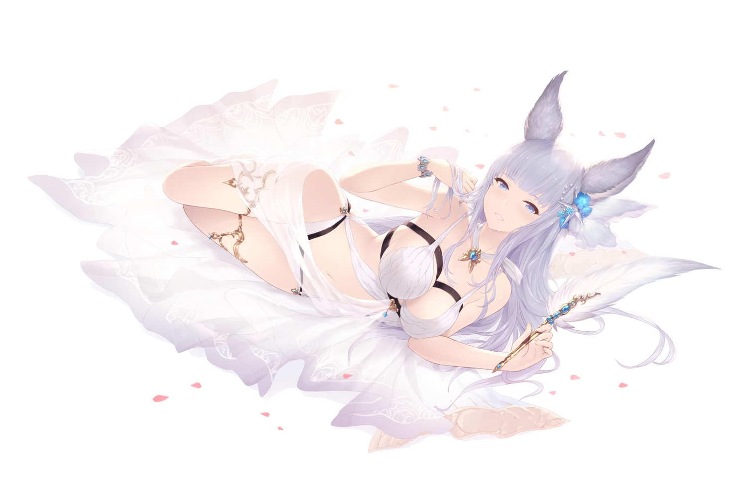 animal_ears, aqua_eyes, breasts, cait, feathers, granblue_fantasy, gray_hair, korwa, long_hair, navel, petals, see_through, white, wristwear