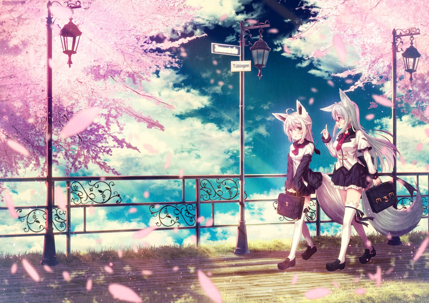2girls, animal_ears, cherry_blossoms, flowers, foxgirl, glasses, long_hair, misaki_yuu
