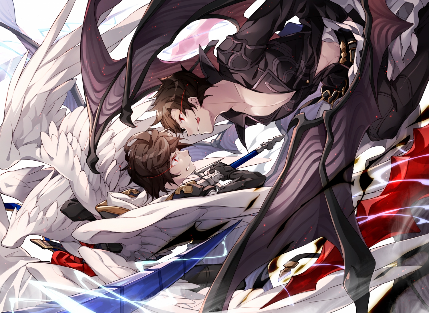 all_male, angel, belial_(granblue_fantasy), brown_hair, granblue_fantasy, hizuki_miya, male, red_eyes, sandalphon_(granblue_fantasy), short_hair, sword, weapon, wings