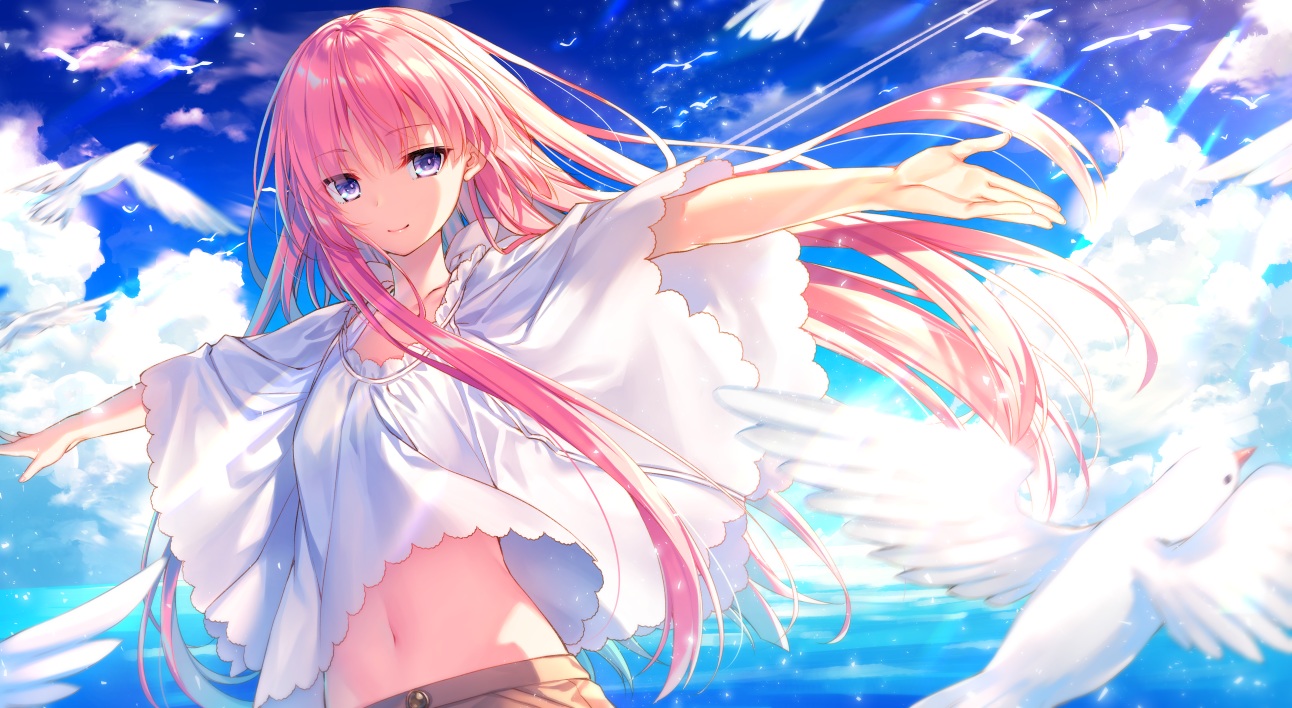 animal, anthropomorphism, bird, clouds, girly_air_force, gripen_(girly_air_force), long_hair, navel, pink_hair, purple_eyes, sky, toosaka_asagi, water