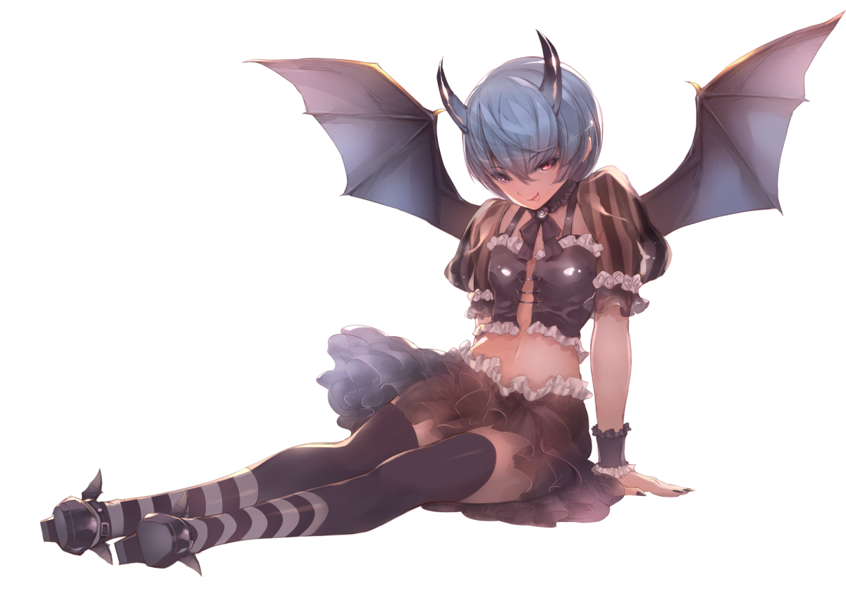 blue_hair, demon, horns, melpharia_march, navel, red_eyes, ryouku, short_hair