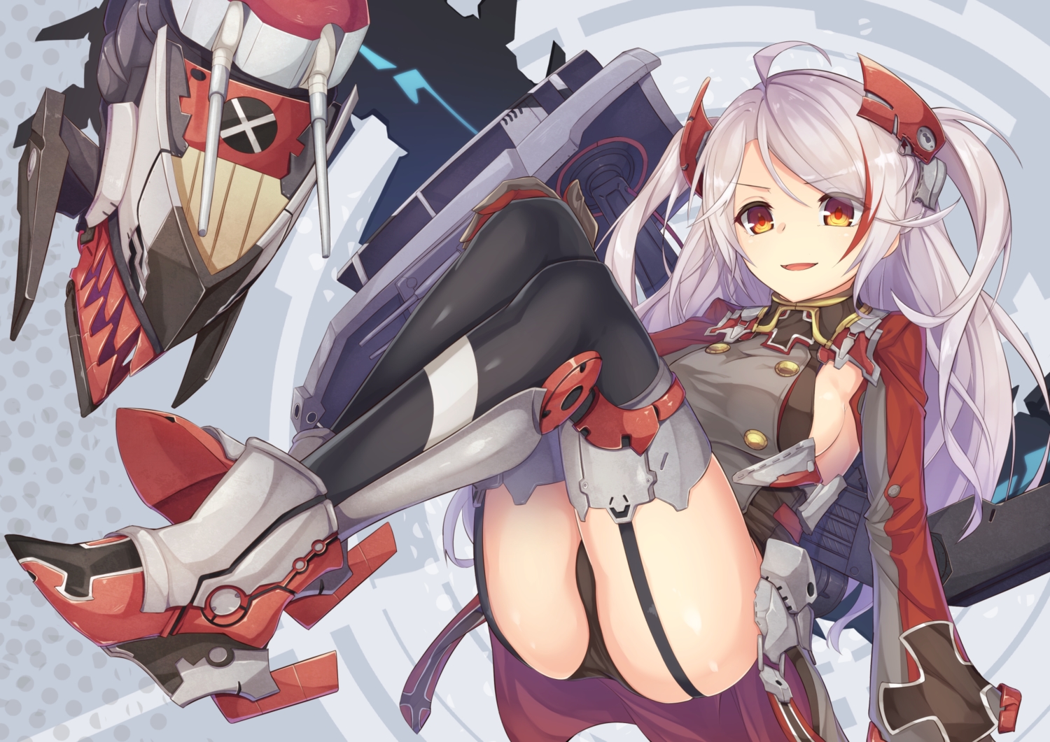 anthropomorphism, armor, azur_lane, breasts, garter_belt, gray_hair, hetaren_(ramark), long_hair, orange_eyes, panties, prinz_eugen_(azur_lane), sideboob, stockings, thighhighs, underwear, weapon, white_hair