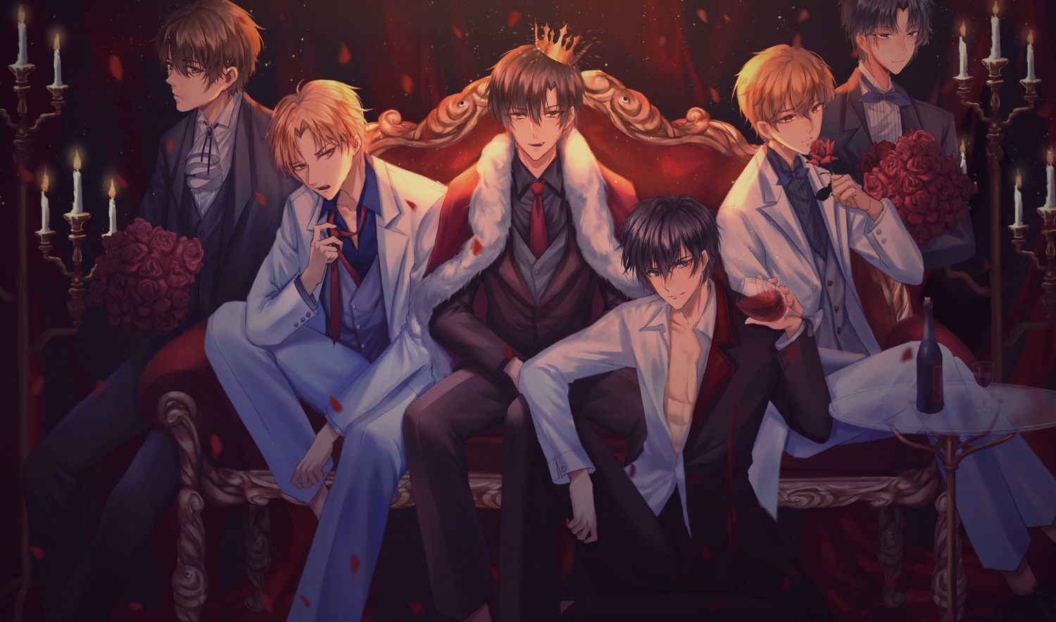all_male, black_hair, blonde_hair, brown_hair, couch, crown, drink, flowers, group, male, quanzhi_gaoshou, rose, short_hair, suit, tagme_(artist), tagme_(character), ye_xiu