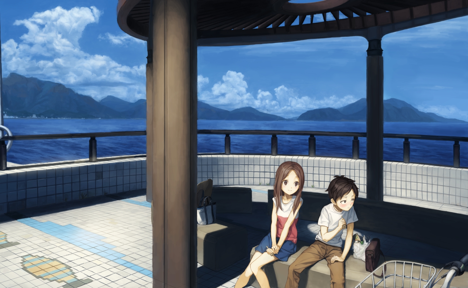 beach, bicycle, black_hair, blush, brown_eyes, brown_hair, clouds, karakai_jouzu_no_takagi-san