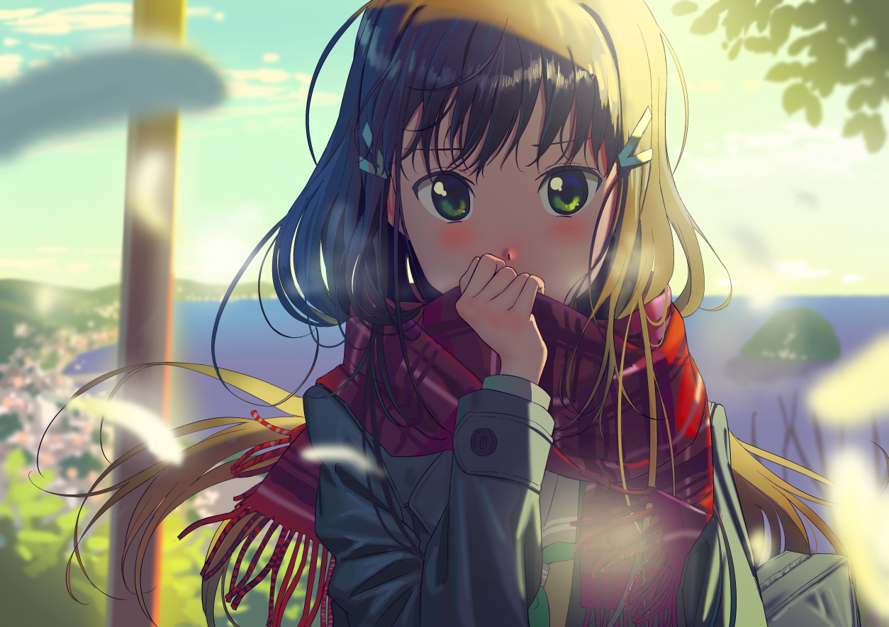 black_hair, blush, green_eyes, kurosawa_dia, long_hair, love_live!_school_idol_project, love_live!_sunshine!!, petals