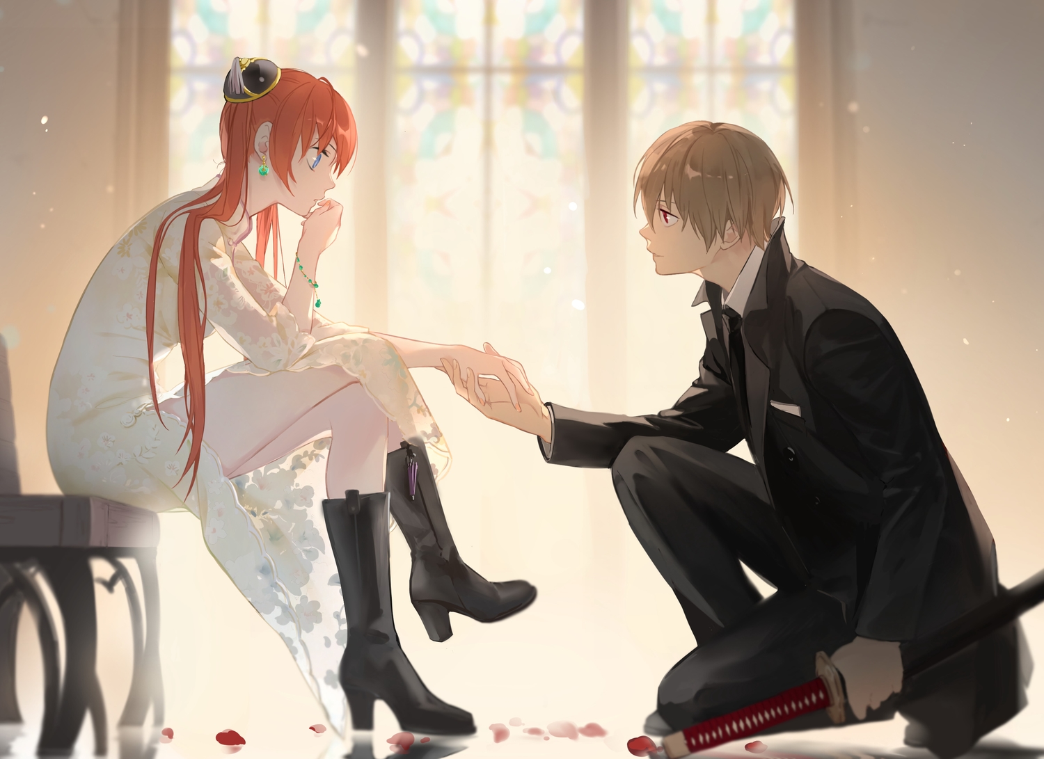 blue_eyes, book, boots, brown_hair, chinese_clothes, chinese_dress, dress, gintama