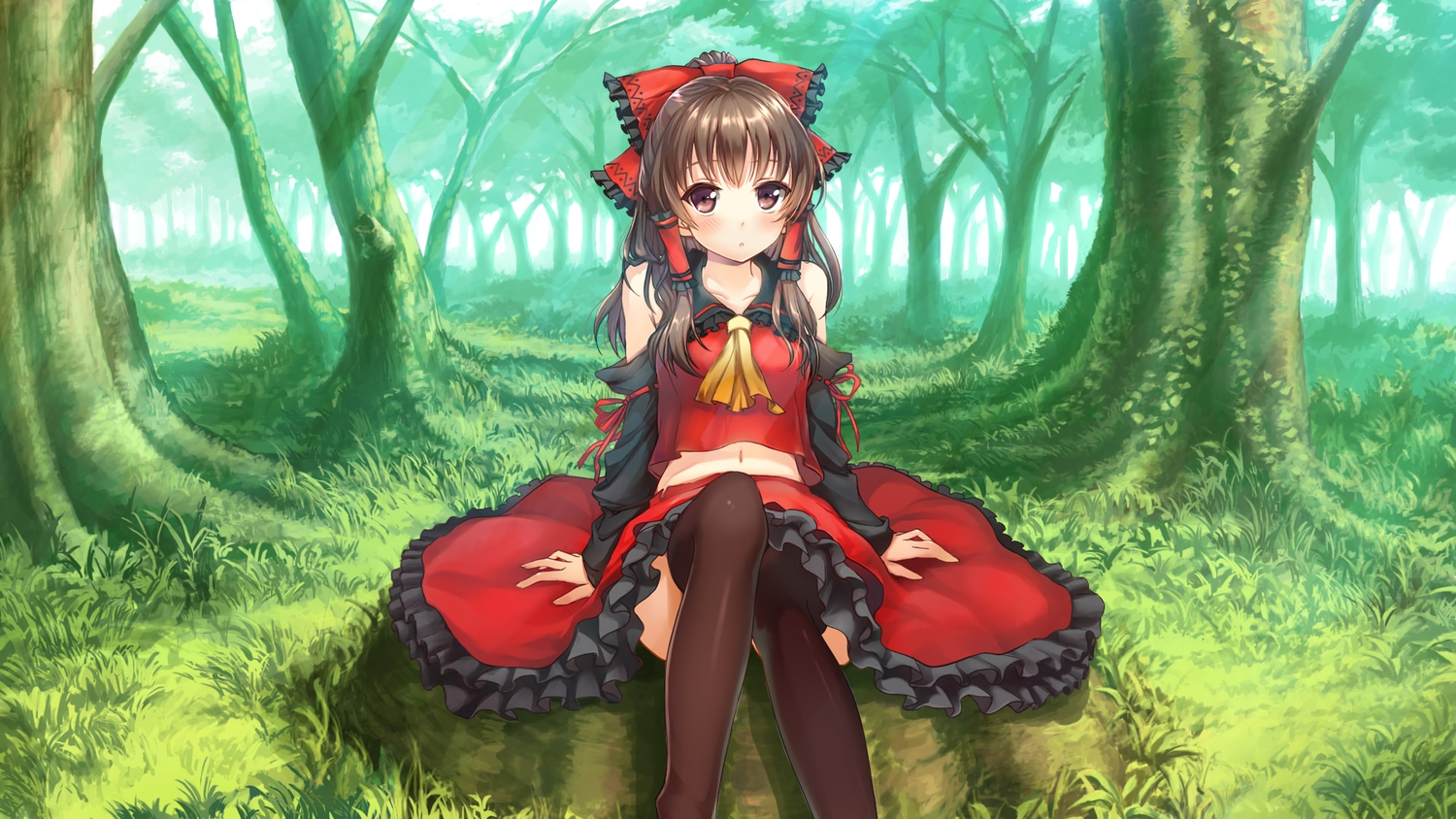 forest, green, hakurei_reimu, japanese_clothes, miko, ribbons, shirakawa_mayo, thighhighs, touhou, tree