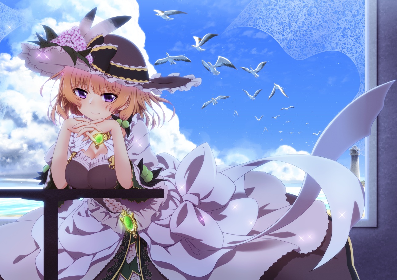 animal, anthropomorphism, bird, bow, breasts, cleavage, clouds, dress, flower_knight_girl, hat, maronie_(flower_knight_girl), mizunashi_(second_run), orange_hair, purple_eyes, short_hair, sky