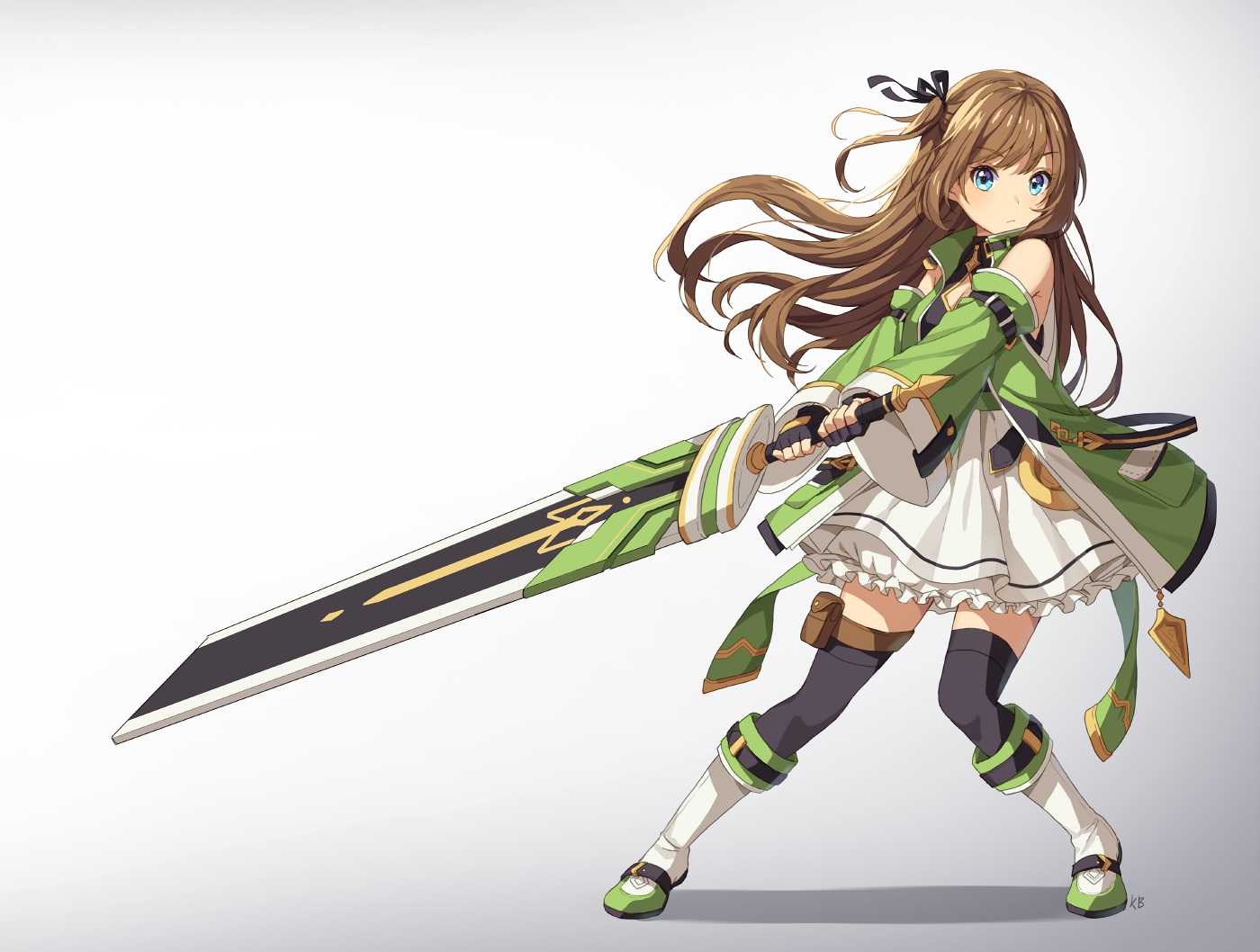 aqua_eyes, boots, brown_hair, dress, gloves, gradient, kim_bae-eo, long_hair, original, ponytail, signed, sword, thighhighs, weapon