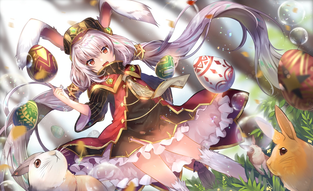 animal, animal_ears, bubbles, bunny_ears, bunnygirl, cat_smile, fang, grass, leah_(sdorica), loli, long_hair, rabbit, red_eyes, sdorica_-sunset-, twintails, usagihime, white_hair