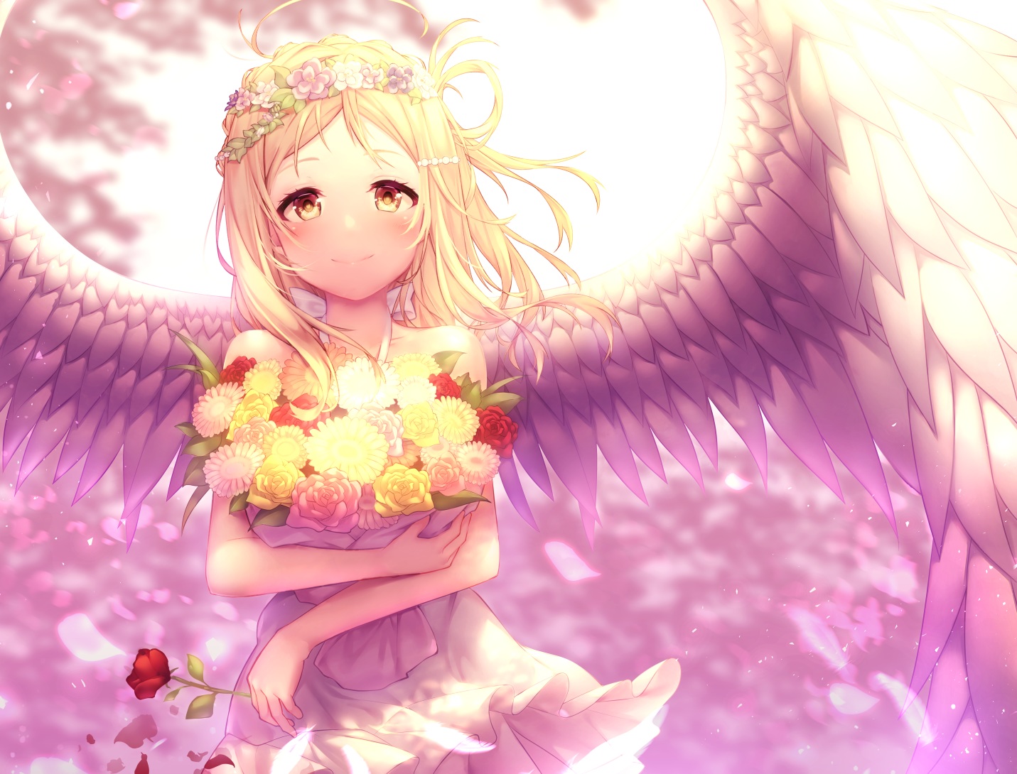 angel, blonde_hair, blush, dress, flowers, kokkeina_budou, love_live!_school_idol_project, love_live!_sunshine!!