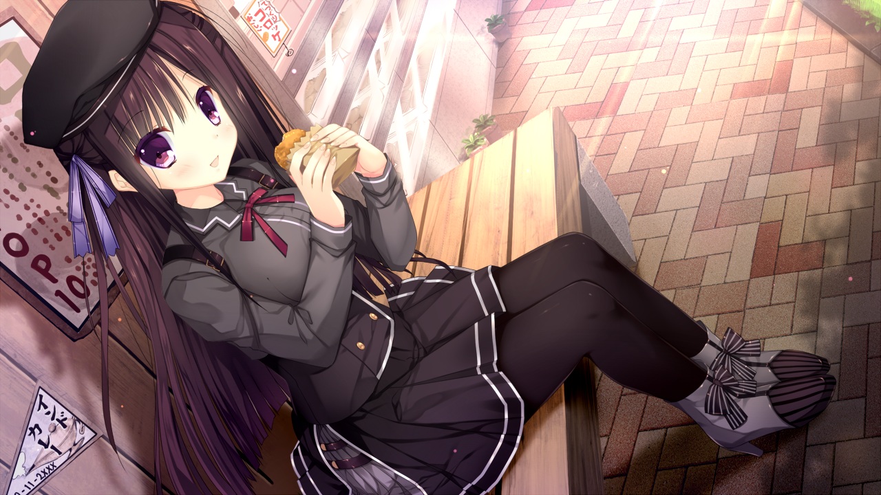 black_hair, food, game_cg, haruoto_alice_gram, hat, long_hair, nanawind, pantyhose, purple_eyes, ribbons, rindou_yaya, school_uniform, takanae_kyourin