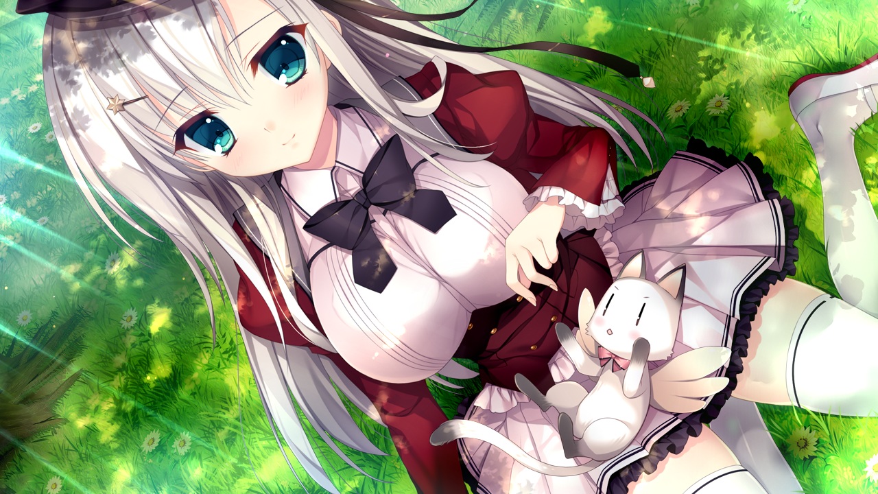animal, bow, cat, game_cg, grass, green, haruoto_alice_gram, kuonji_kazuha