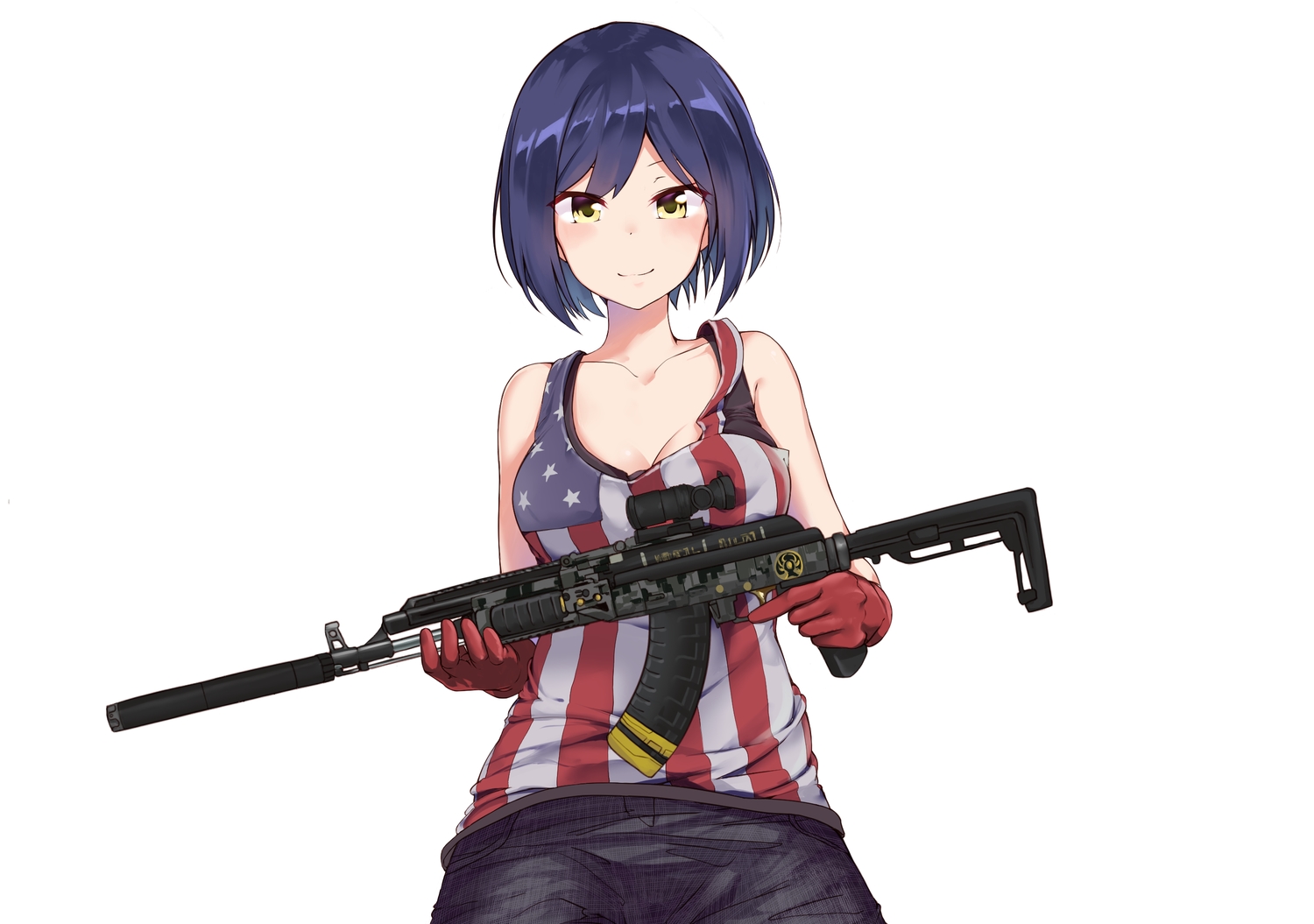 blue_hair, gloves, gun, nijisanji, shiunnkaku, shizuka_rin, short_hair, weapon