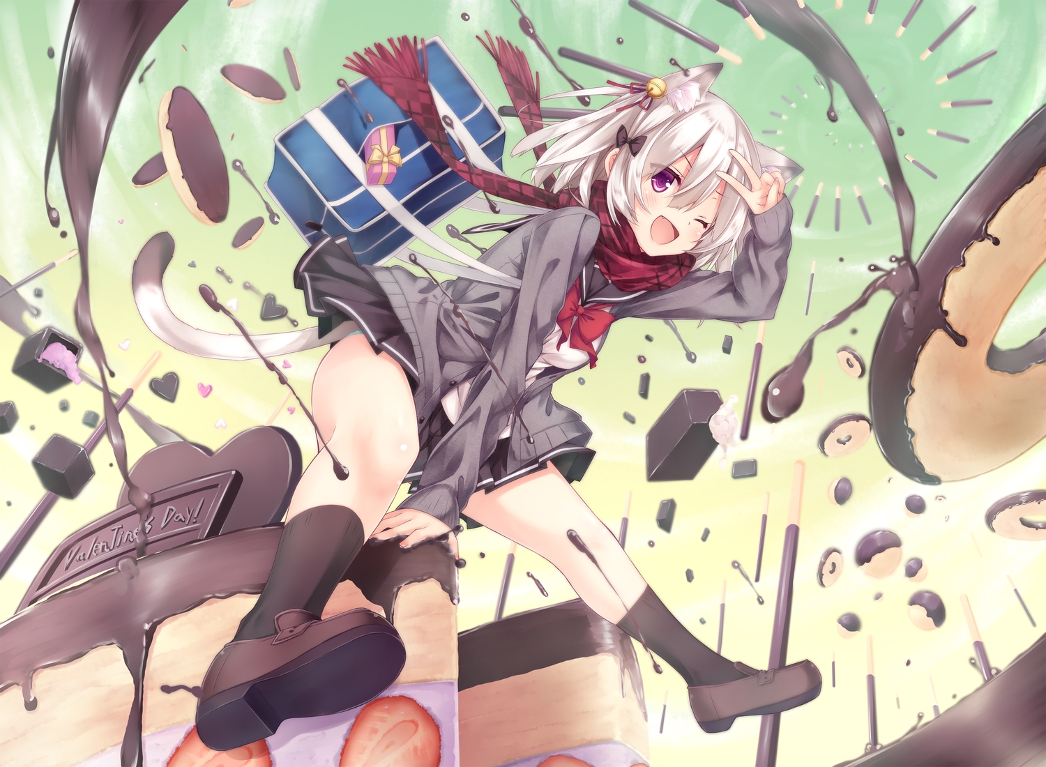 animal_ears, bell, blush, bow, candy, catgirl, chocolate, fang