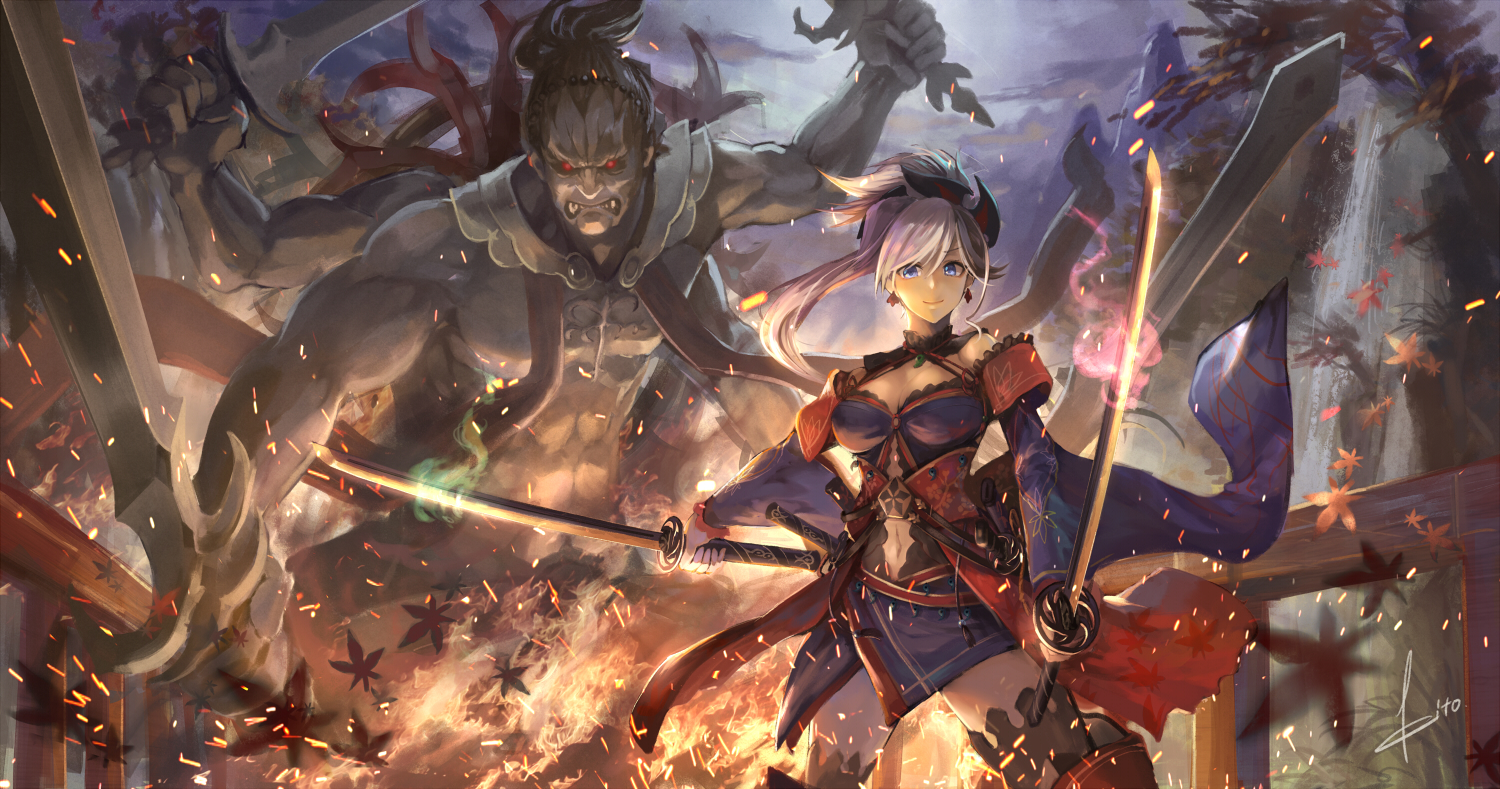 breasts, demon, fate/grand_order, fate_(series), japanese_clothes, katana, kito_(kito2), long_hair