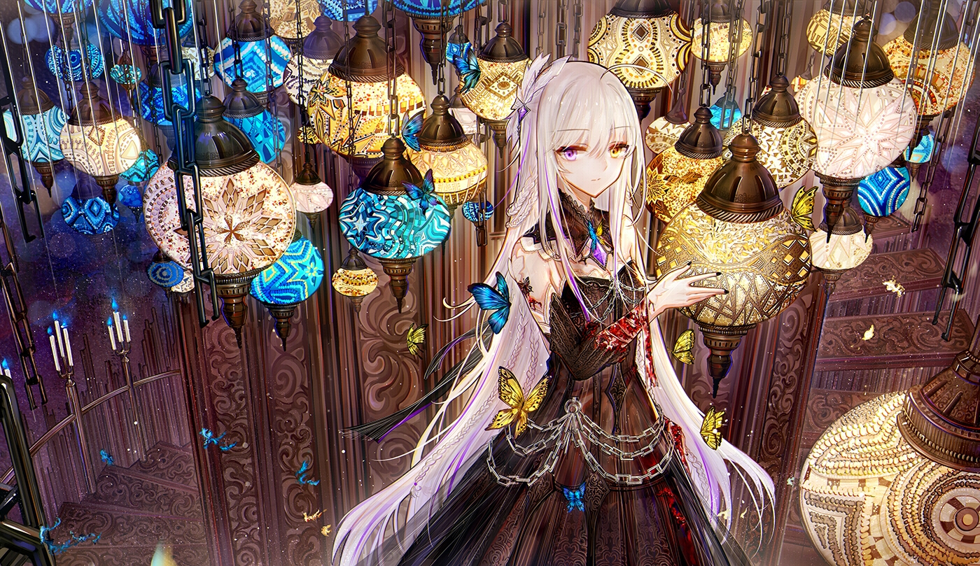 animal, bandage, bicolored_eyes, blood, butterfly, dress, inoriac, long_hair