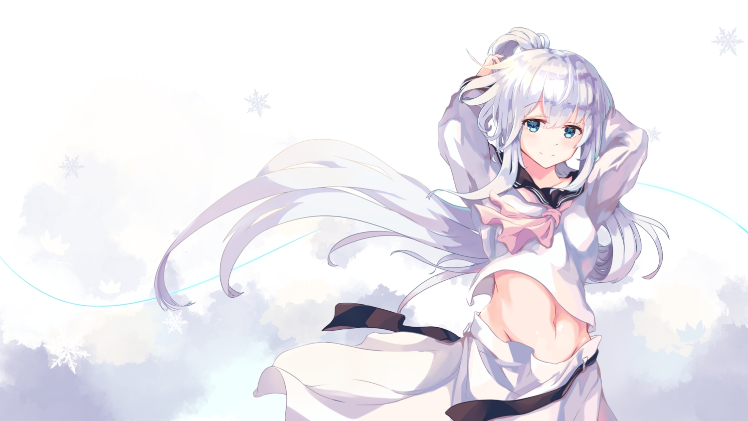 anthropomorphism, blue_eyes, hibiki_(kancolle), kantai_collection, long_hair, navel, school_uniform, shinsoyori